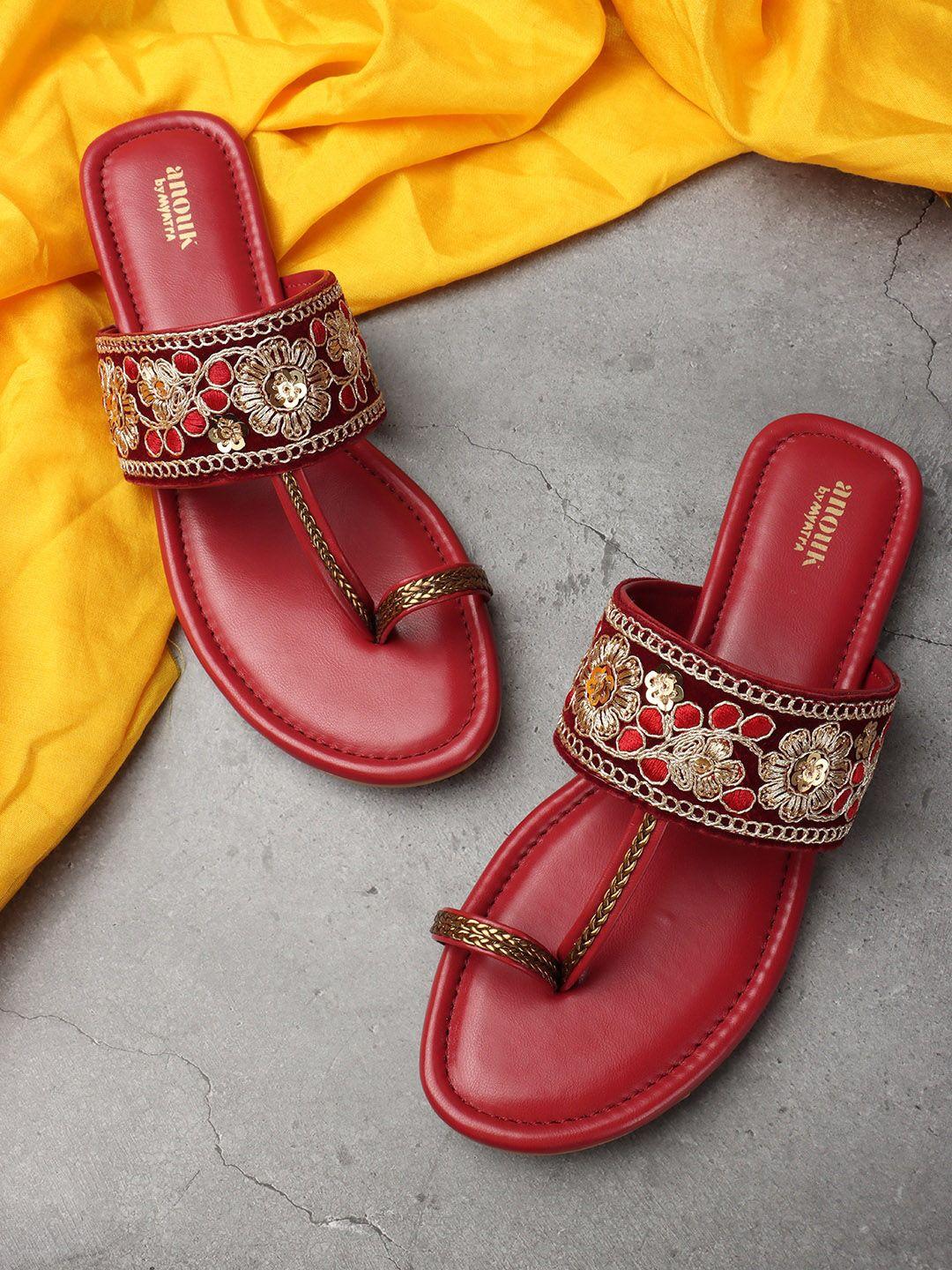 anouk-women-maroon-&-gold-toned-embellished-embroidered-open-one-toe-flats