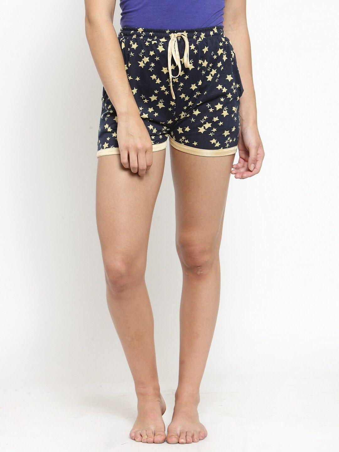 claura-women-navy-blue-&-yellow-printed-pure-cotton-lounge-shorts