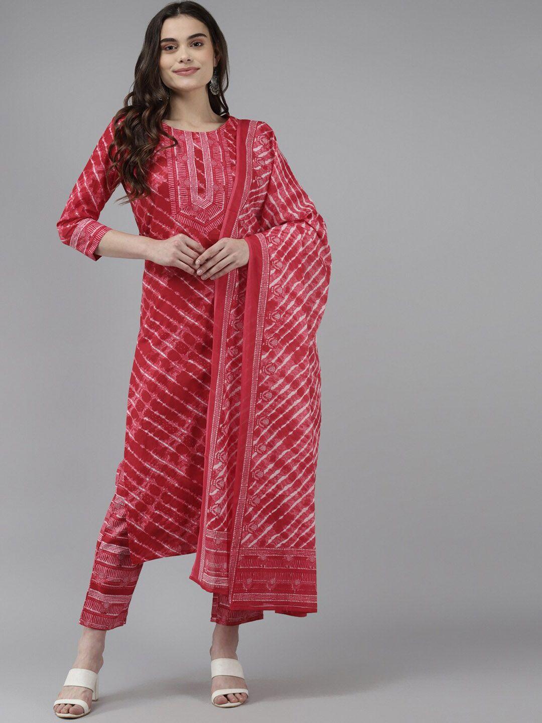 yufta-red-&-white-leheriya-printed-pure-cotton-kurta-with-palazzos-&-dupatta