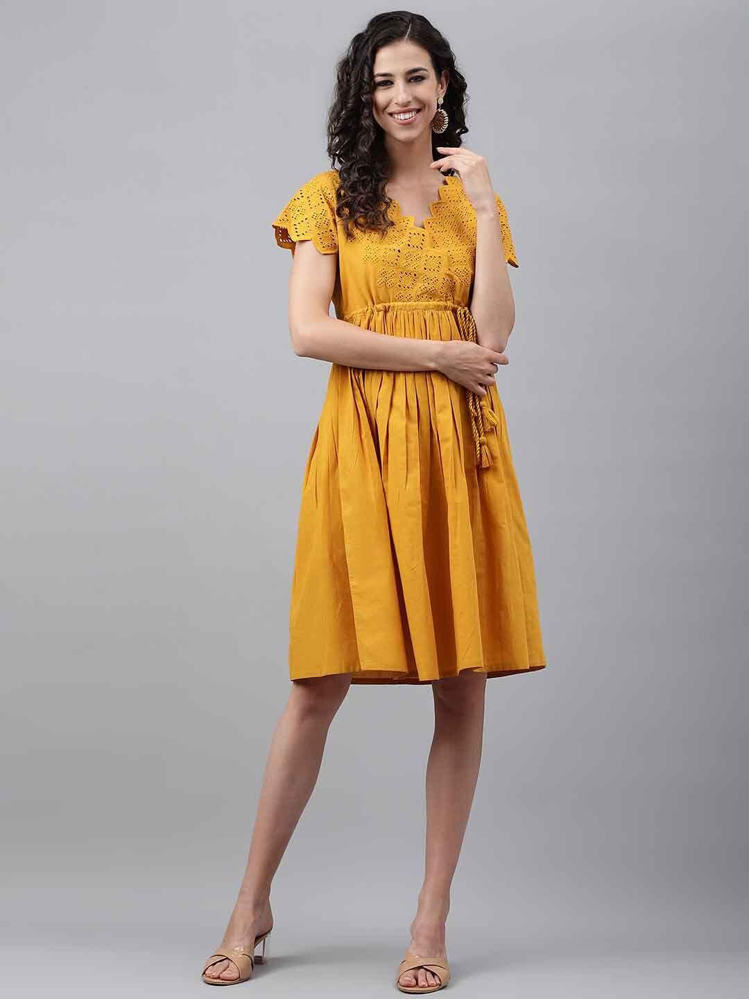 janasya-yellow-self-design-schiffli-cotton-fit-&-flare-dress