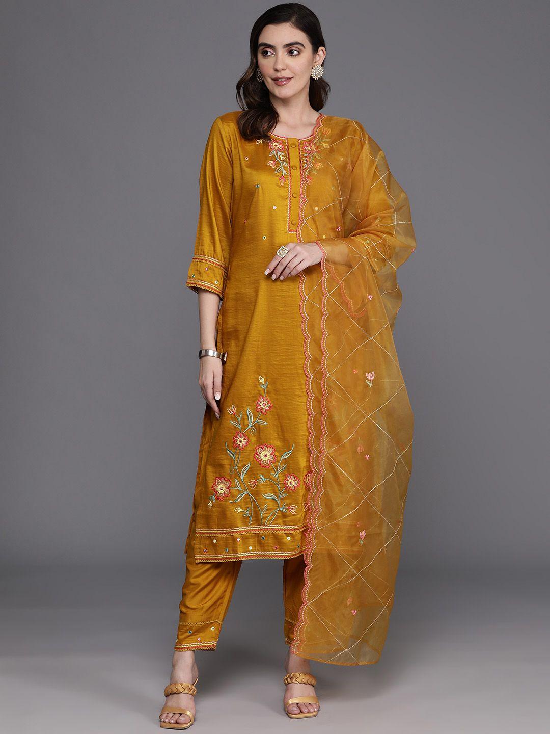 indo-era-women-floral-embroidered-regular-mirror-work-kurta-with-trousers-&-with-dupatta