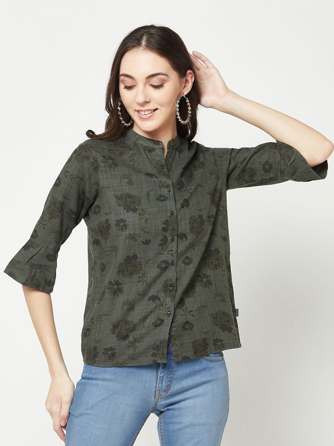 crimsoune-club-floral-printed-slim-fit-band-collar-bell-sleeves-casual-shirt