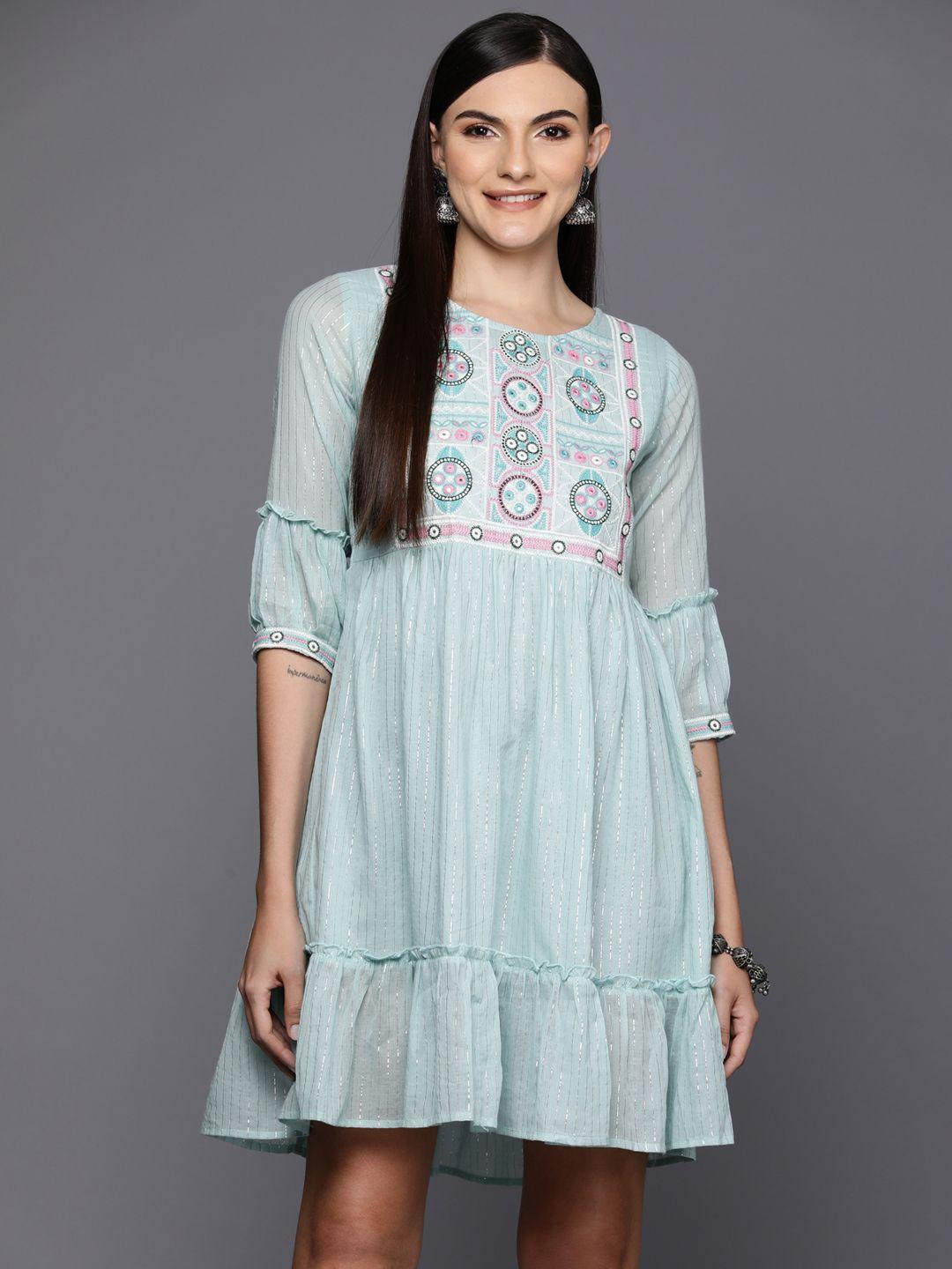 indo-era-ethnic-motifs-embroidered-puff-sleeves-a-line-dress