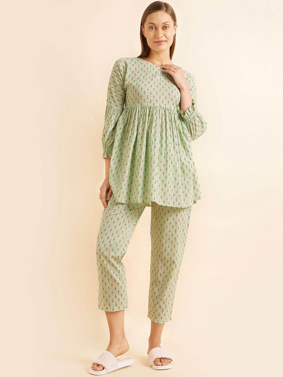 sweet-dreams-green-&-pink-ethnic-motifs-printed-pure-cotton-night-suit