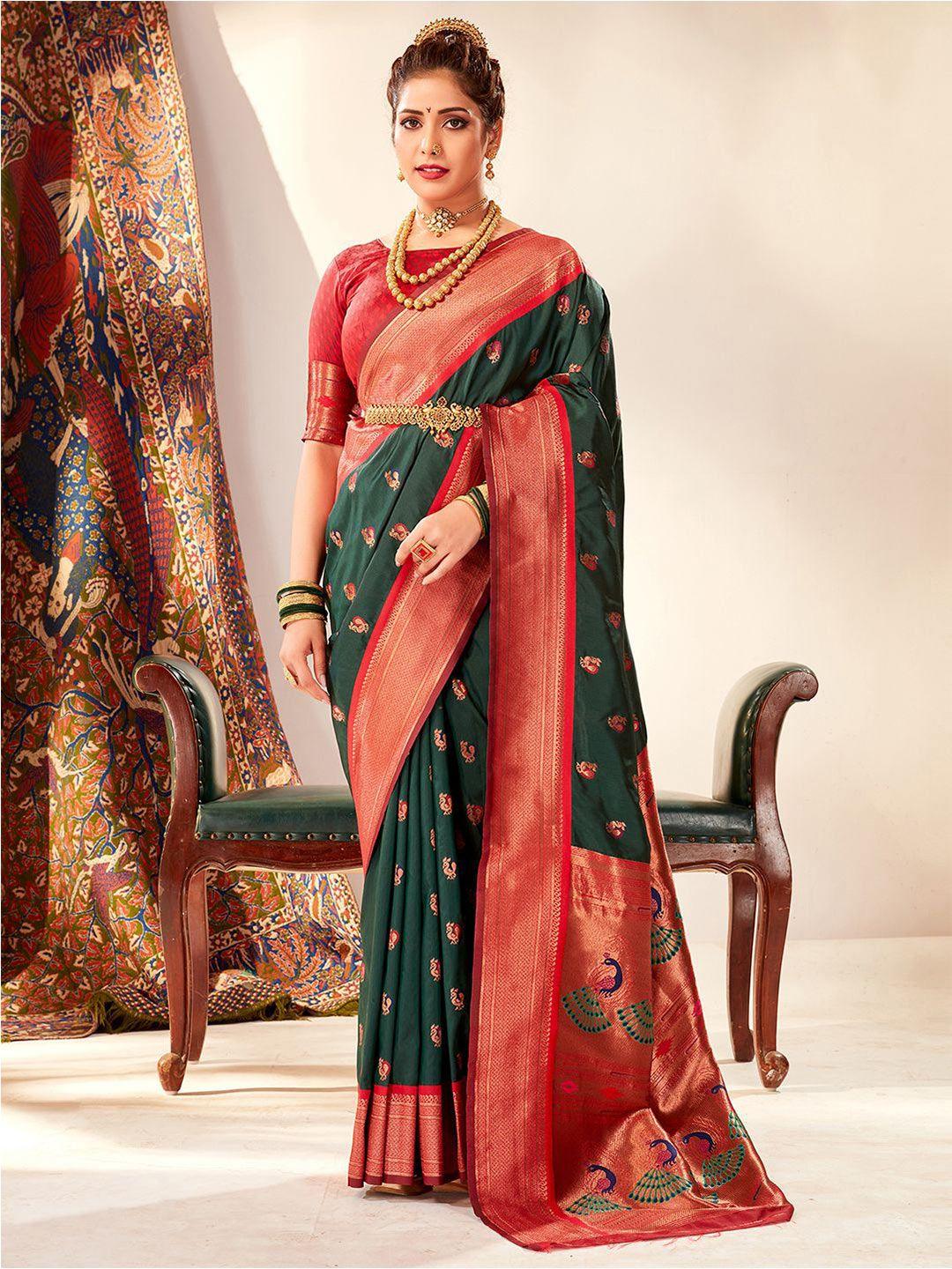 satrani-green-&-red-ethnic-woven-design-zari-paithani-saree