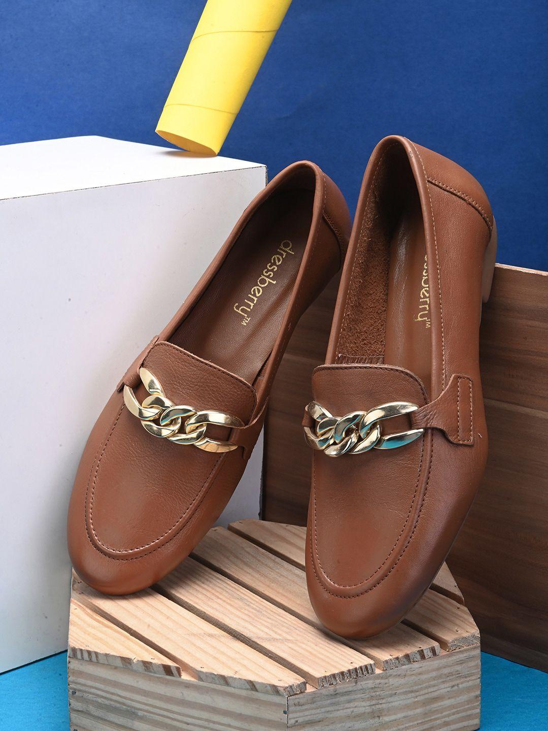 dressberry-women-tan-brown-and-gold-toned-embellished-leather-loafers