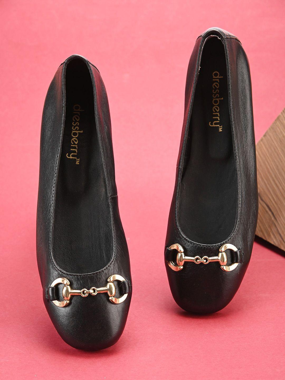 dressberry-black-and-gold-toned-buckle-embellished-leather-ballerinas