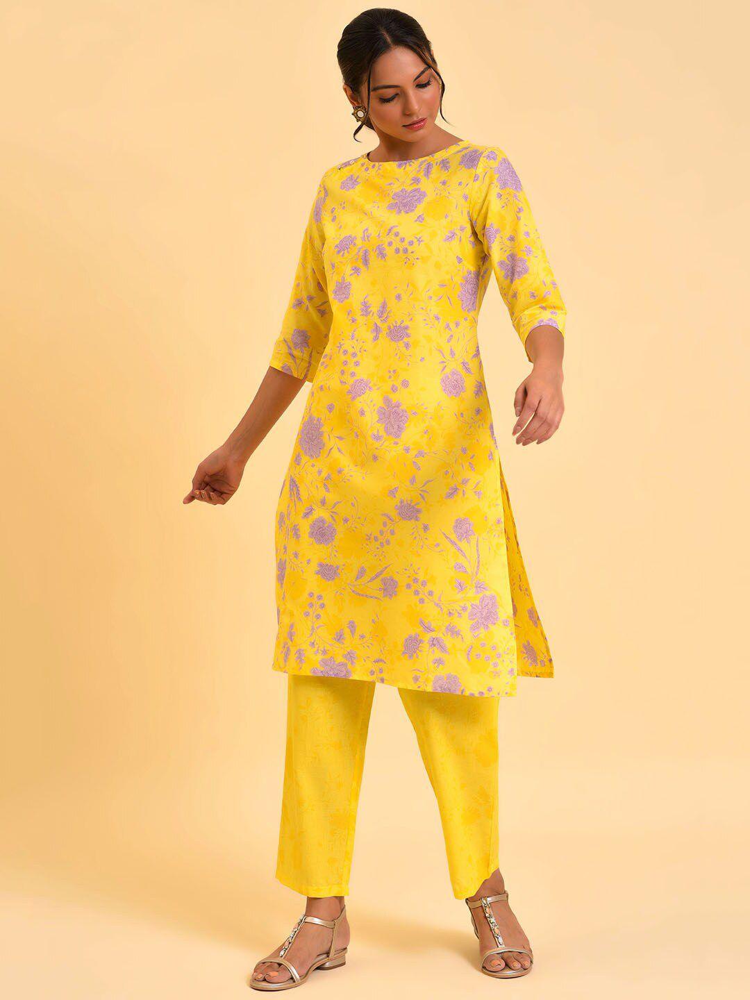 w-yellow-&-purple-floral-printed-pure-cotton-kurta-with-trousers
