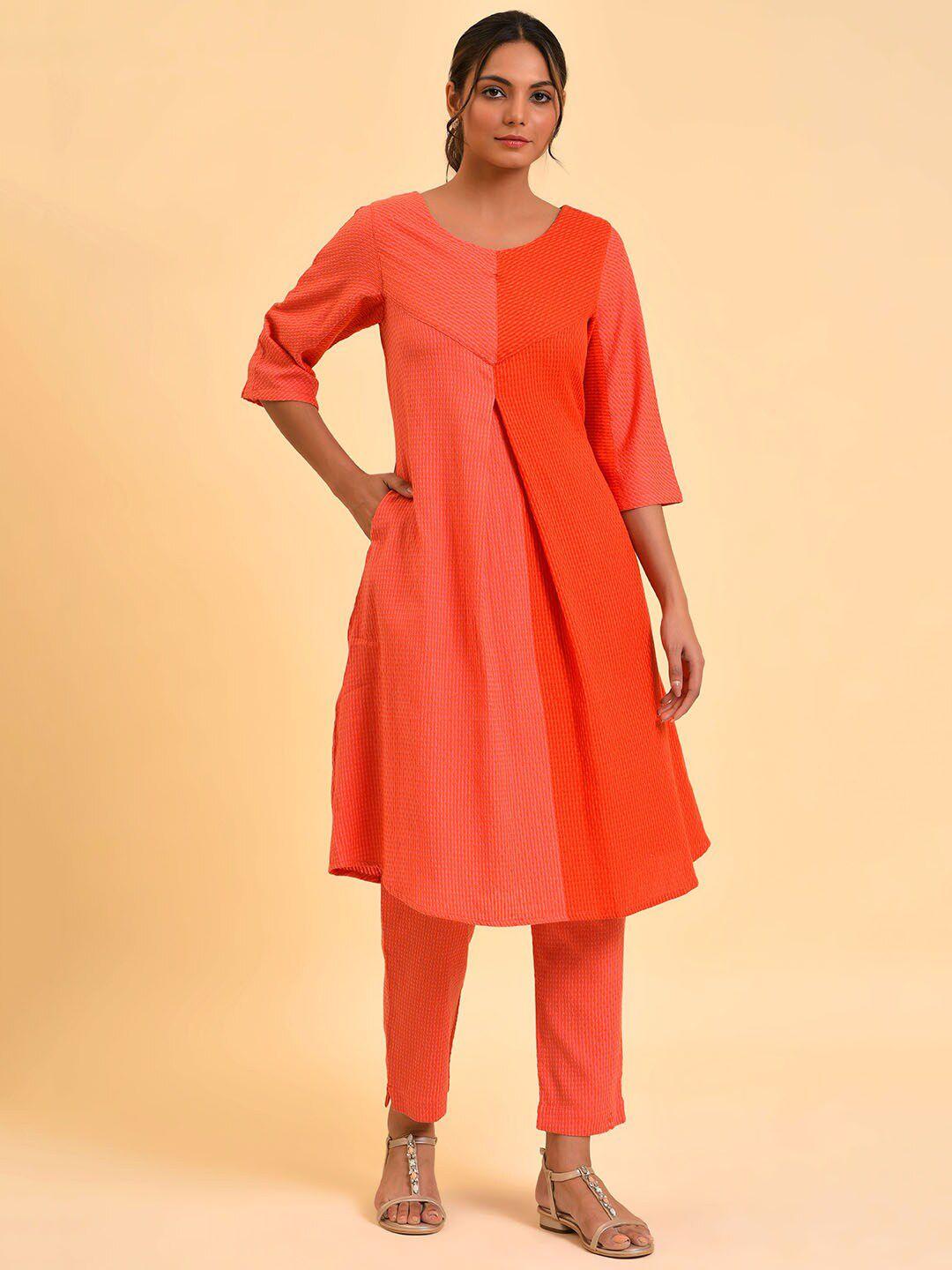 w-orange-&-coral-color-pleated-self-design-pure-cotton-kurta-with-trousers