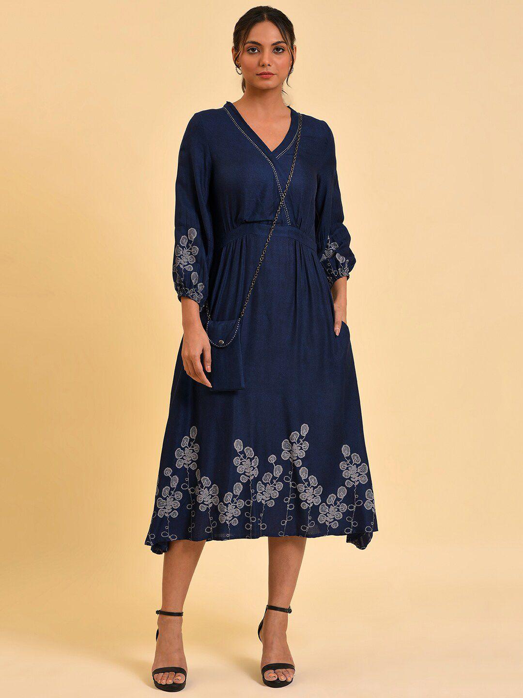 w-blue-floral-printed-puff-sleeve-fit-&-flare-midi-dress-with-pouch