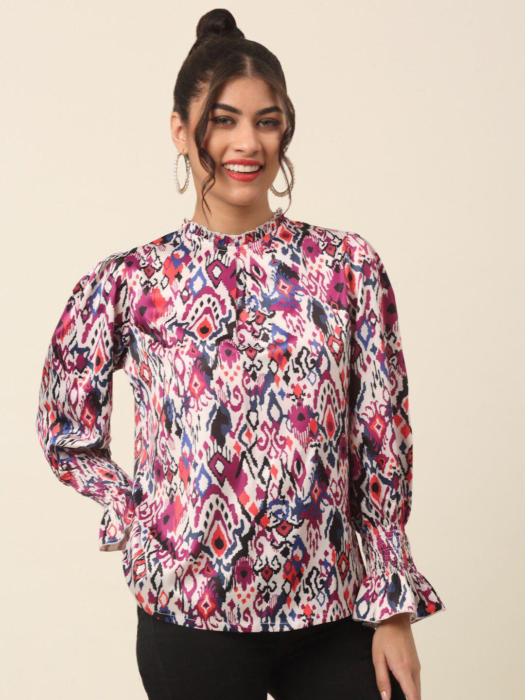 pluss-pink-abstract-printed-high-neck-puff-sleeves-a-line-top