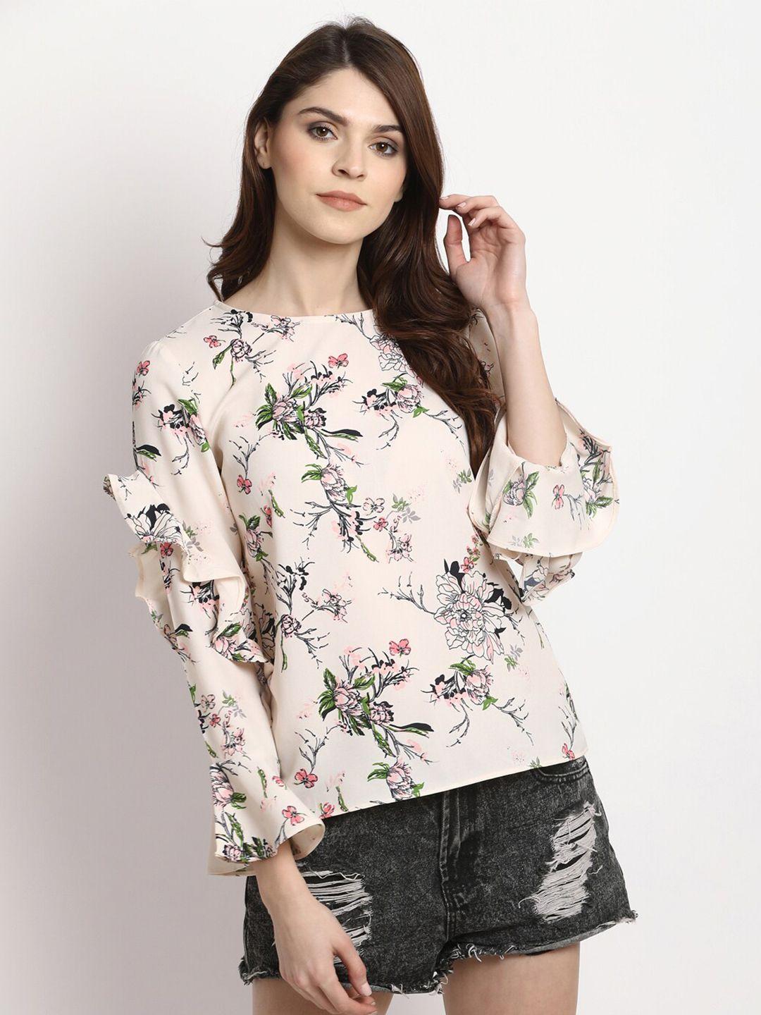marie-claire-beige-&-black-floral-printed-flared-sleeves-ruffles-top