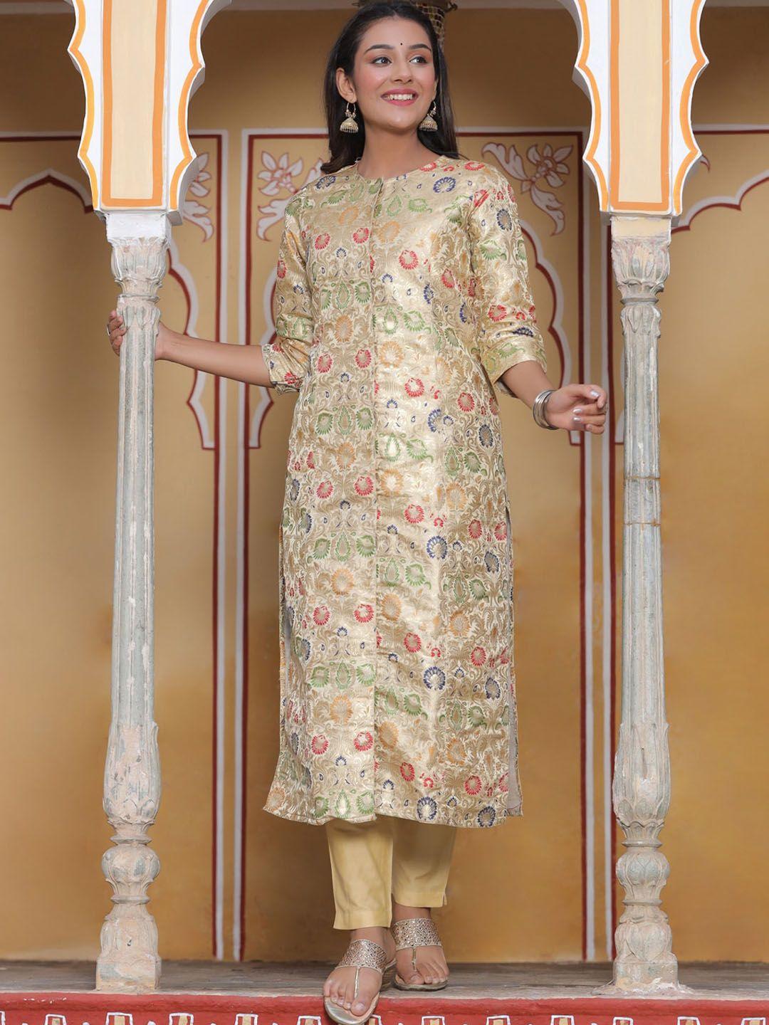 jaipur-kurti-beige-&-green-round-neck-floral-printed-jacquard-straight-kurta