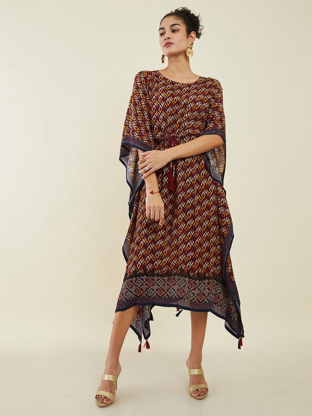soch-maroon-ethnic-motifs-print-kaftan-midi-dress