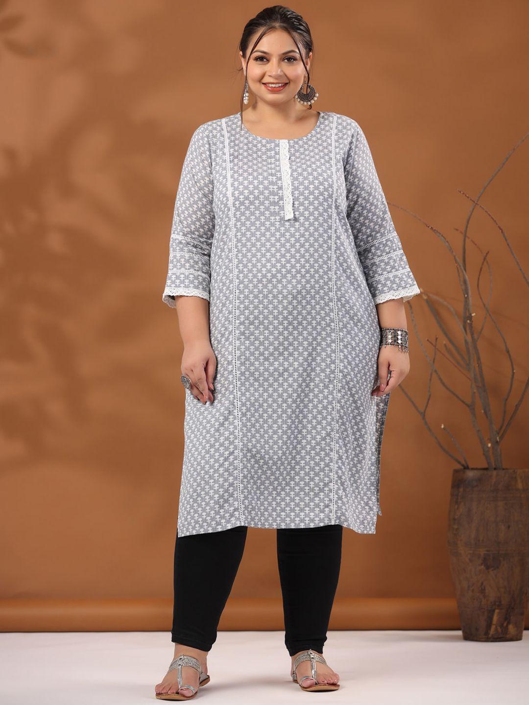 jaipur-kurti-grey-&-white-plus-size-ethnic-motifs-printed-thread-work-kurta