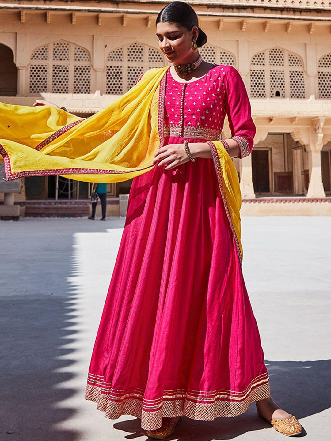 jaipur-kurti-pink-&-gold-toned-embroidered-fit-&-flare-maxi-ethnic-dress-&-dupatta