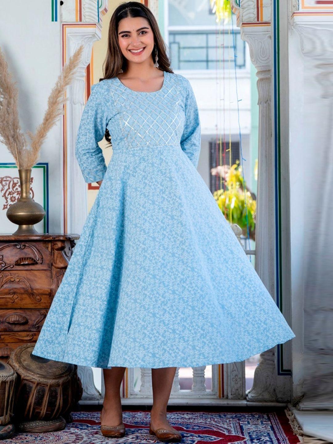 kalini-floral-printed-gotta-patti-fit-&-flare-midi-pure-cotton-ethnic-dress