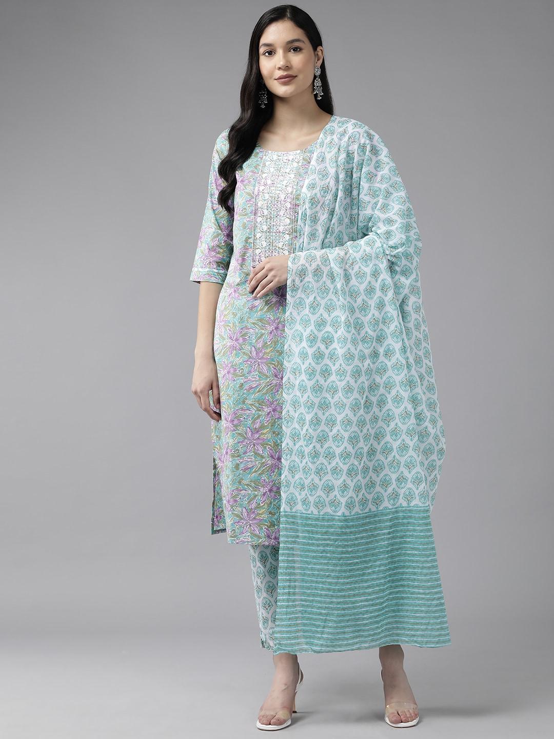 yufta-women-floral-embroidered-sequinned-pure-cotton-kurta-with-trousers-&-with-dupatta