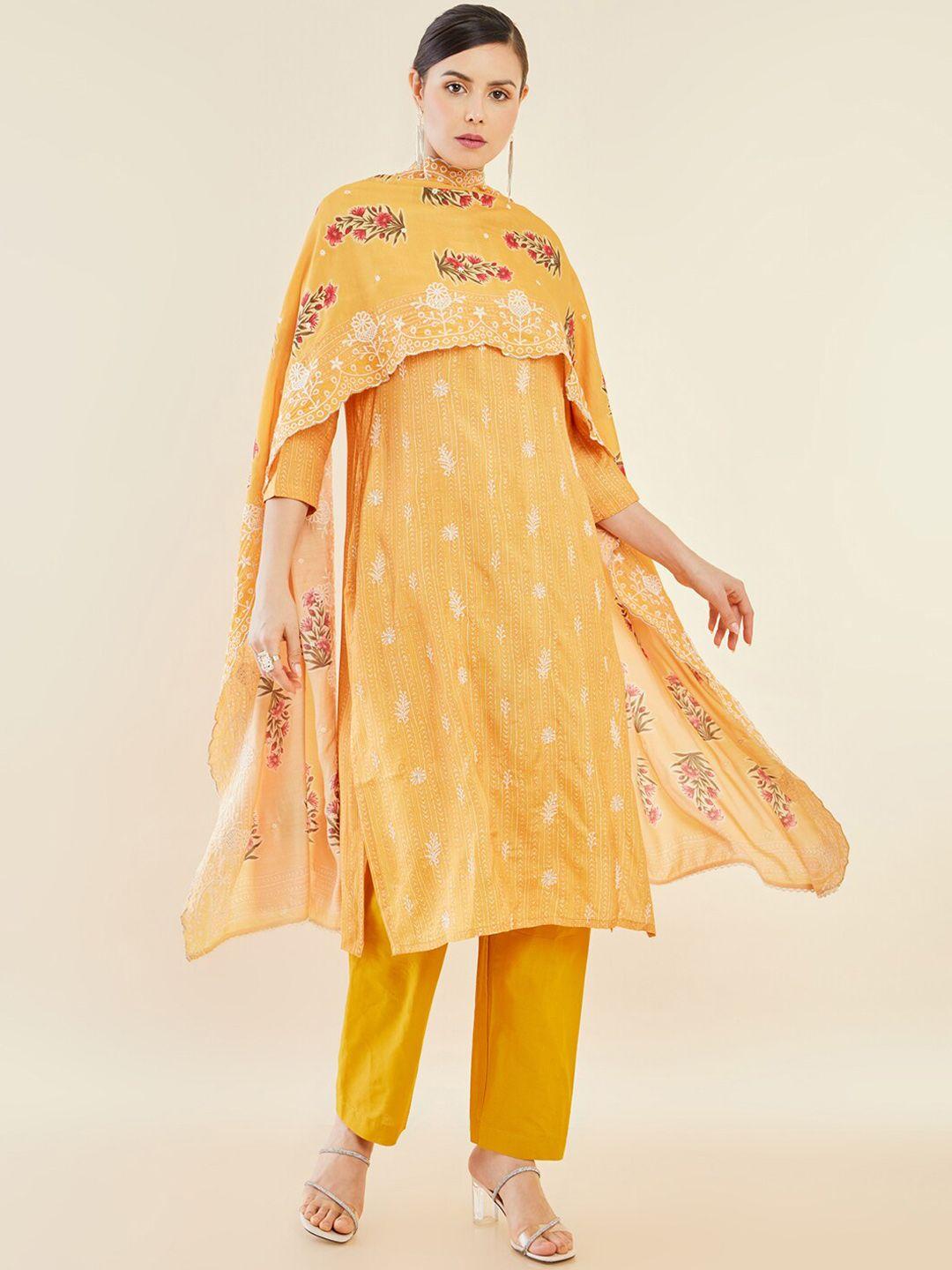 soch-women-mustard-yellow-floral-embroidered-regular-thread-work-kurta-with-trousers-&-with-dupatta