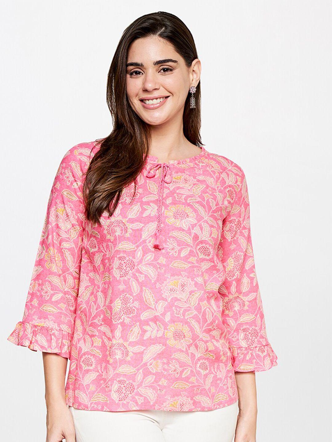 itse-floral-printed-tie-up-bell-sleeve-neck-casual-top