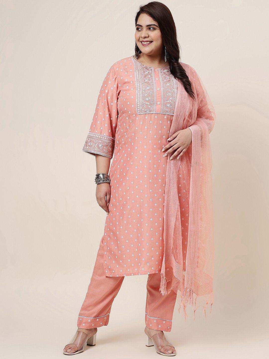 skylee-women-peach-coloured-ethnic-motifs-printed-regular-thread-work-kurta-with-trousers-&-with-dupatta
