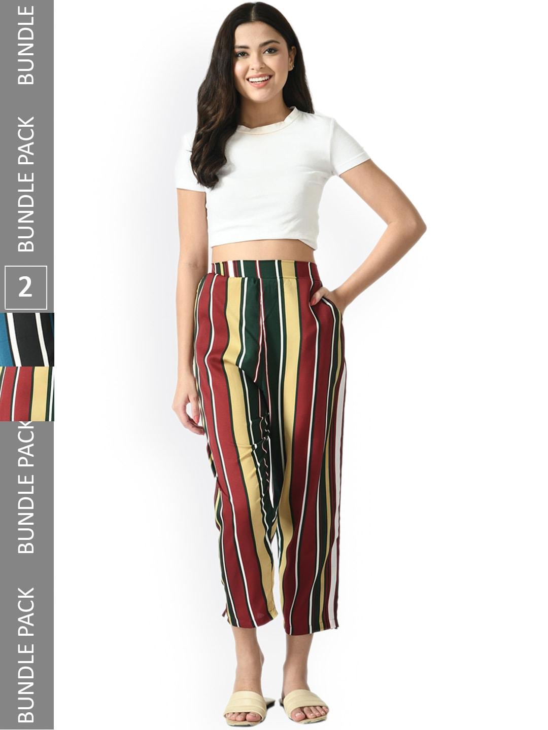 indiweaves-women-pack-of-2-relaxed-straight-leg-striped-straight-fit-high-rise-trousers