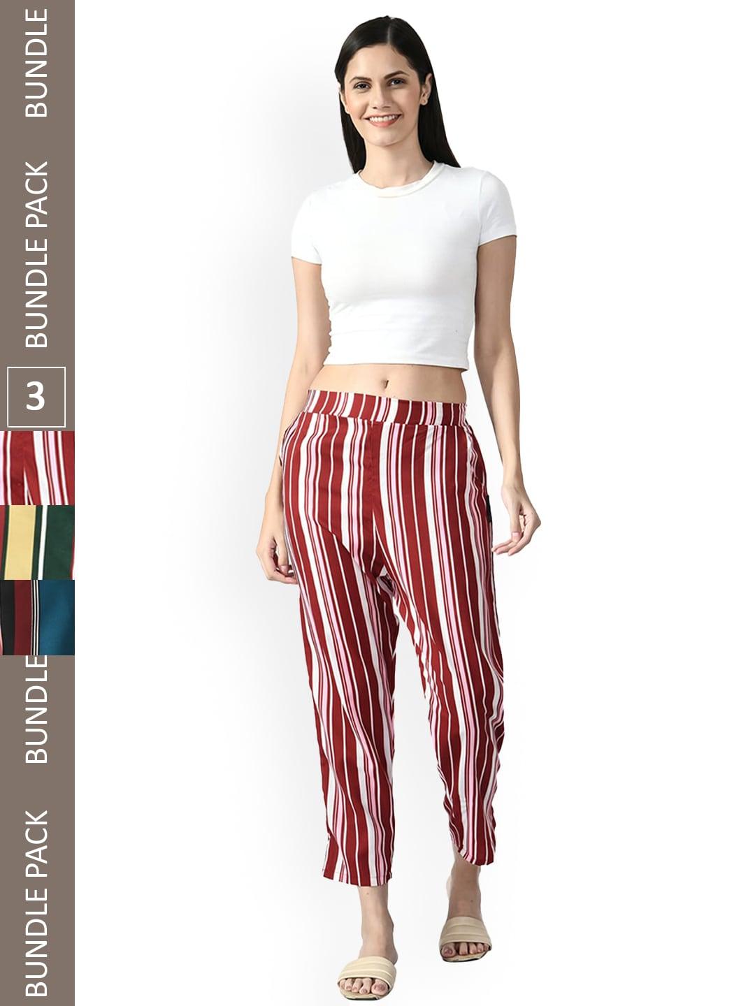 indiweaves-women-relaxed-straight-leg-pack-of-3-high-rise-striped-straight-fit-trousers