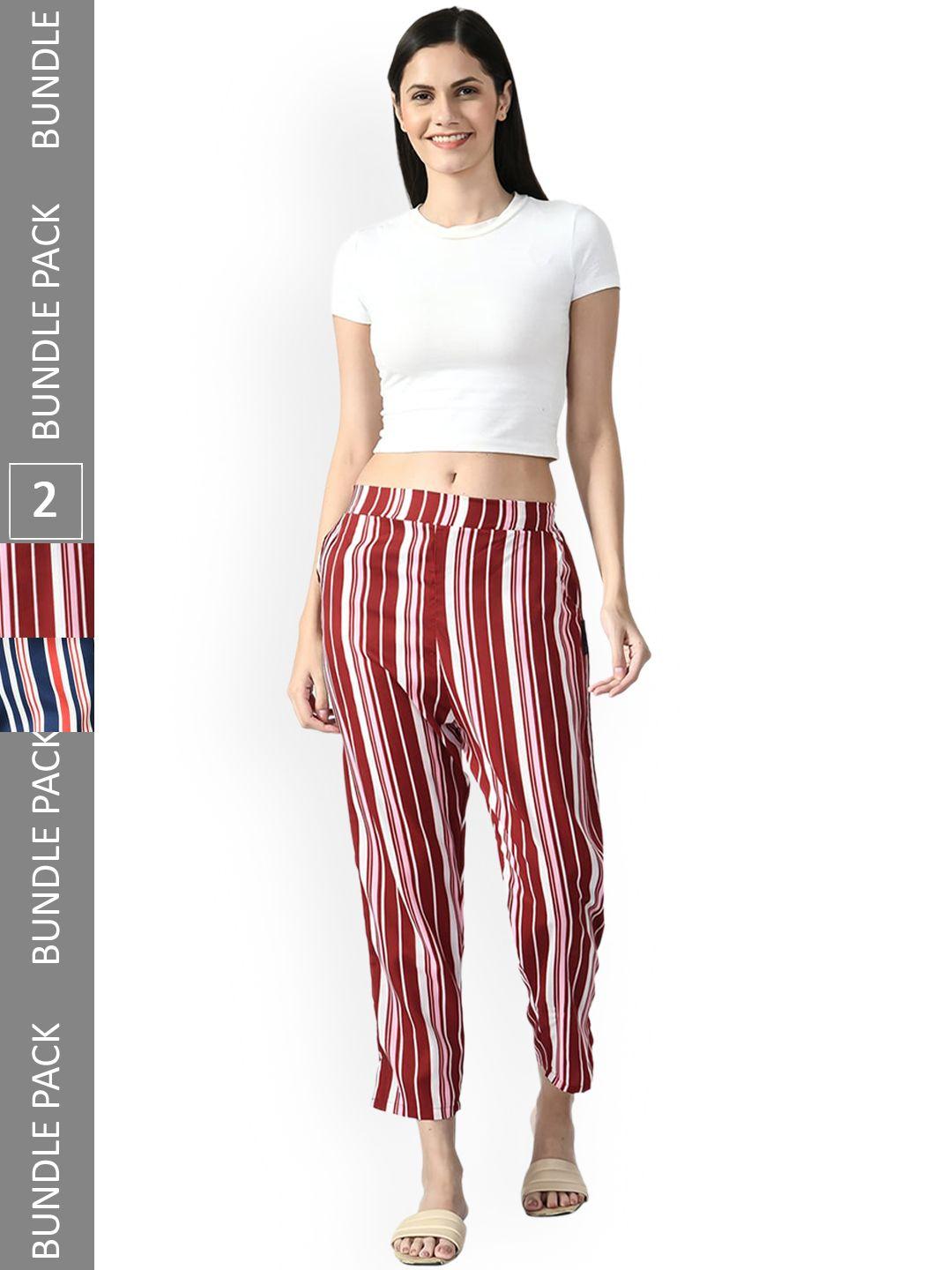 indiweaves-women-relaxed-straight-leg-pack-of-2-high-rise-striped-straight-fit-trousers