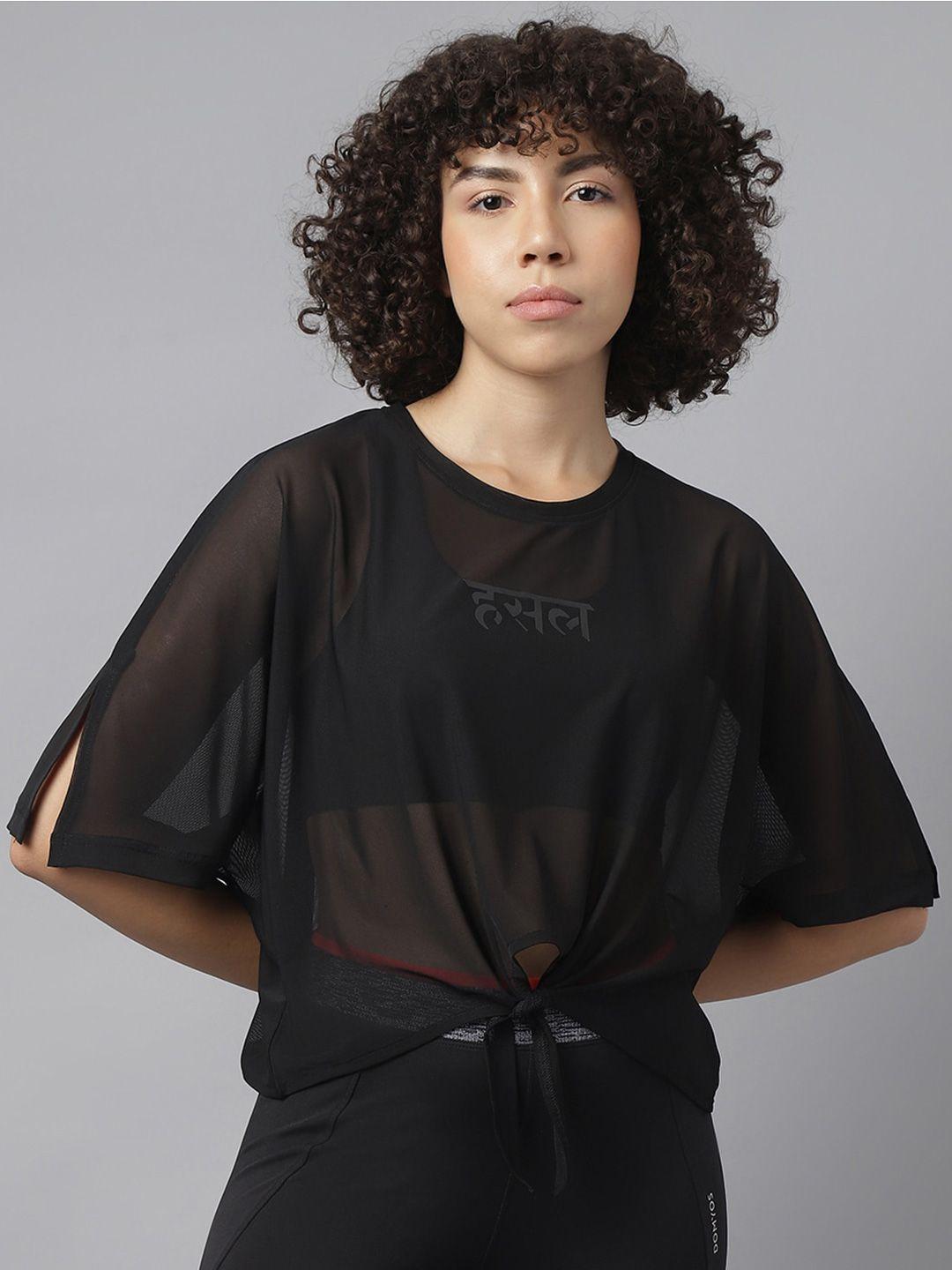 mkh-women-black-typography-printed-dri-fit-raw-edge-t-shirt