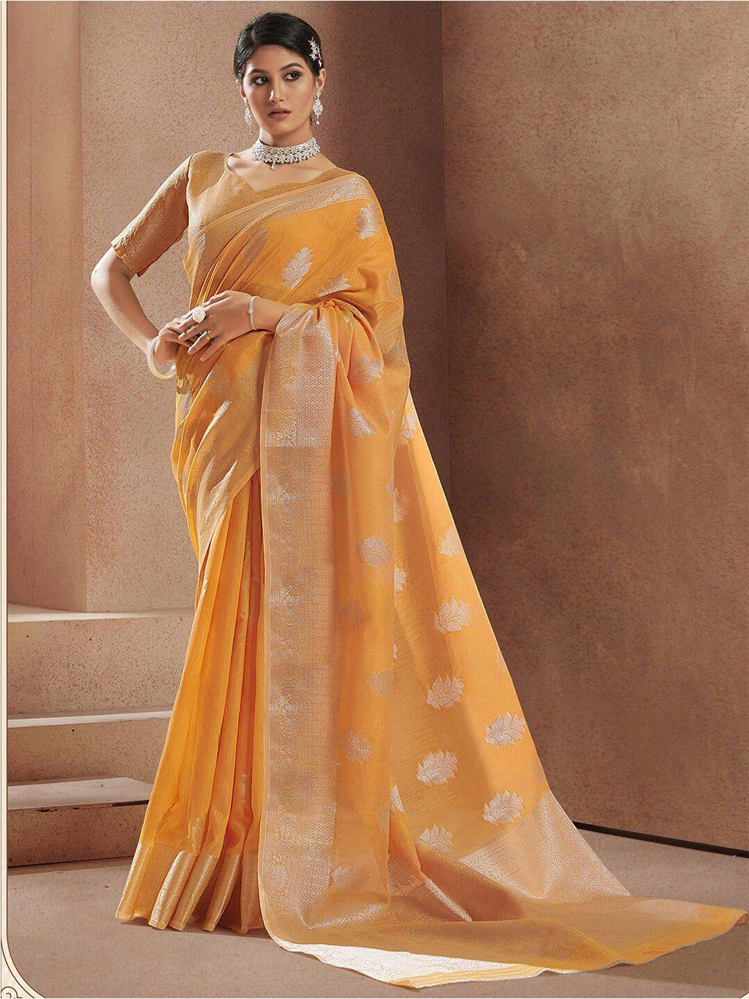 satrani-orange-&-gold-toned-woven-design-zari-linen-blend-saree