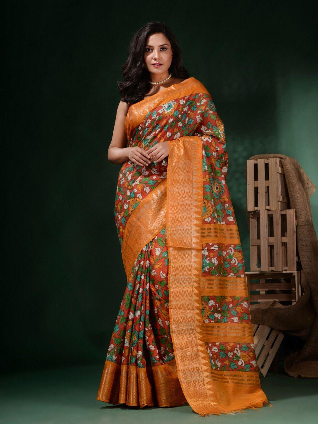 charukriti-red-&-orange-kalamkari-zari-silk-blend-saree