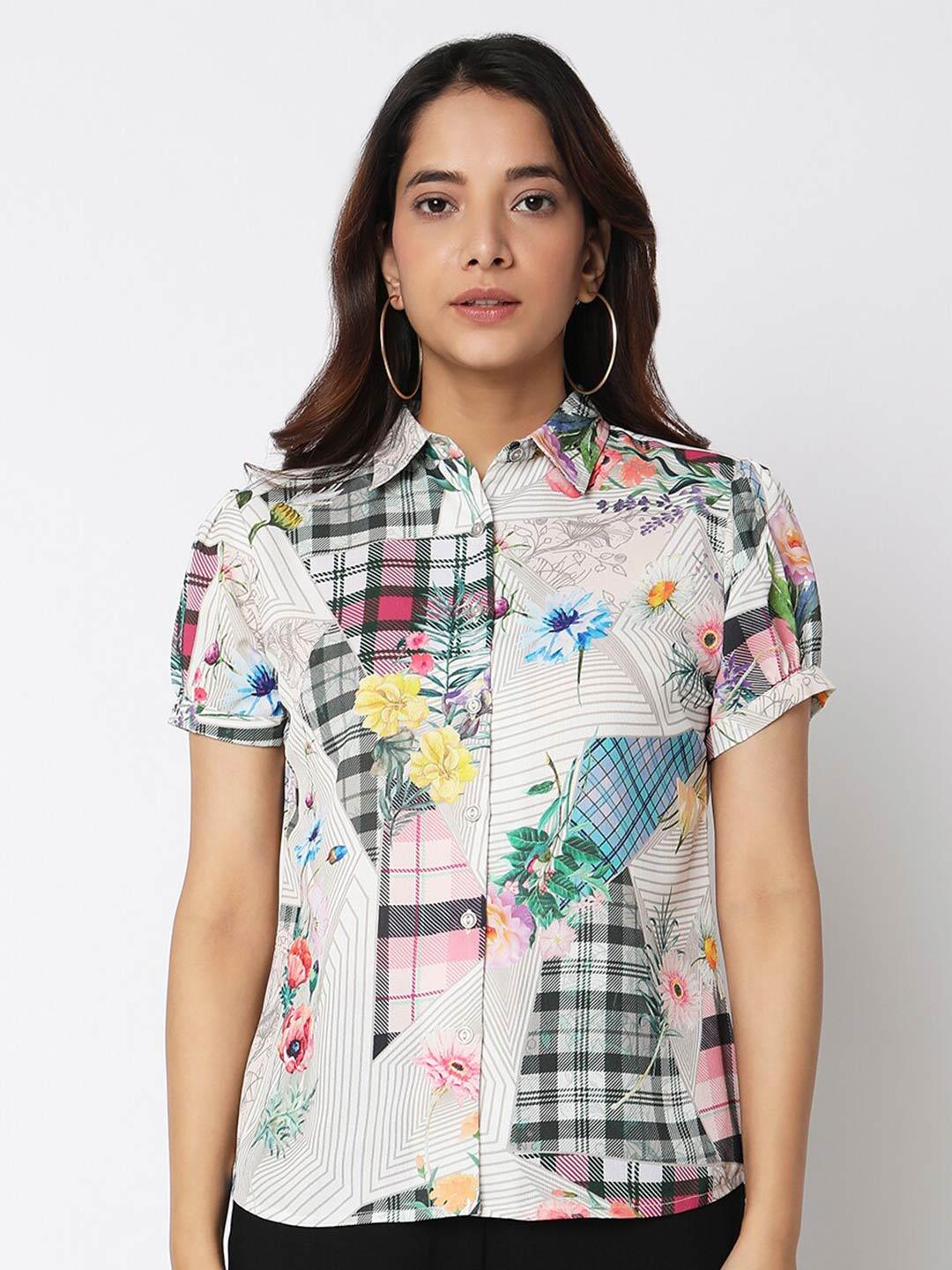 not-so-pink-women-beige-comfort-floral-opaque-checked-casual-shirt