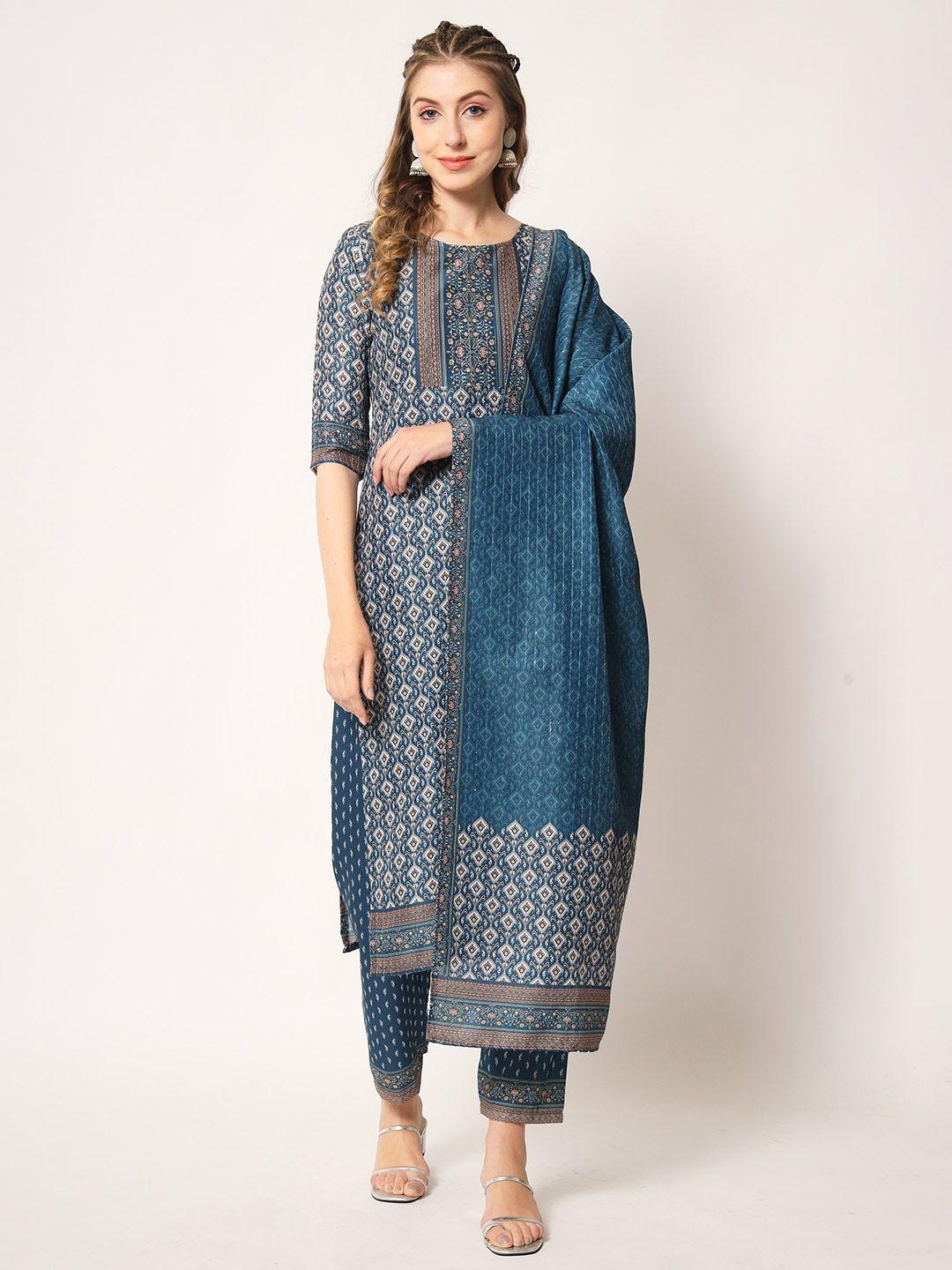 globon-impex-turquoise-blue-&-grey-printed-unstitched-dress-material