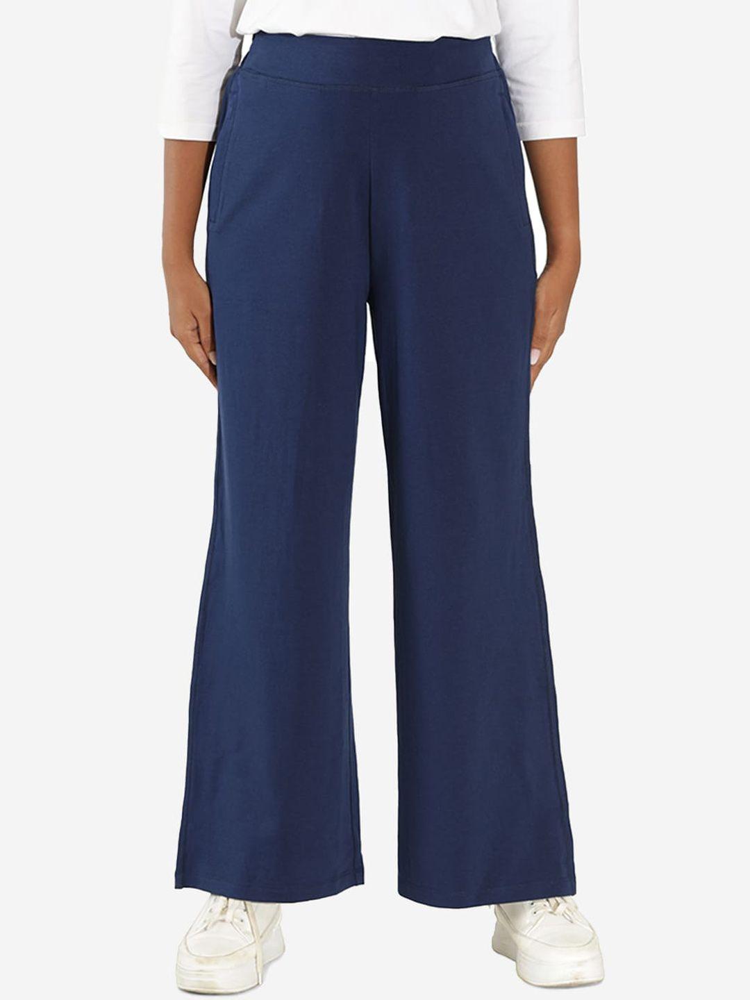 blissclub-women-navy-blue-peg-leg-loose-fit-high-rise-wrinkle-free-trousers