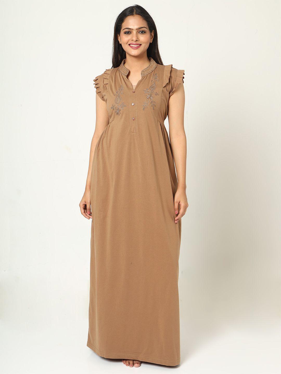 9shines-label-coffee-brown-embroidered-maxi-nightdress