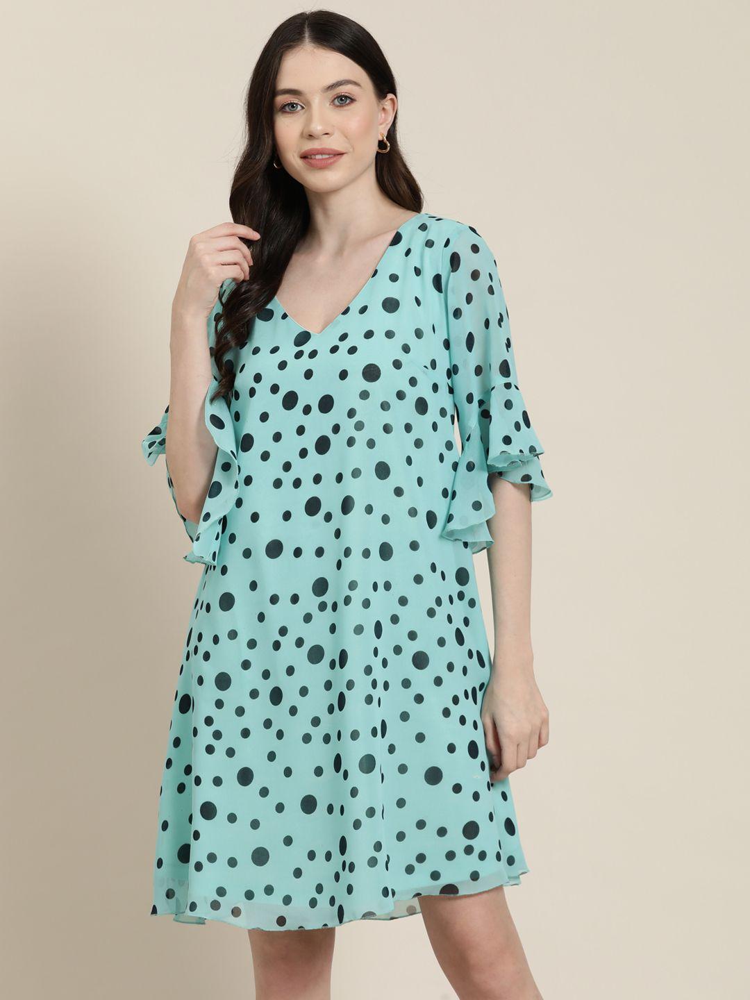 qurvii-polka-dot-print-flared-sleeve-georgette-a-line-dress
