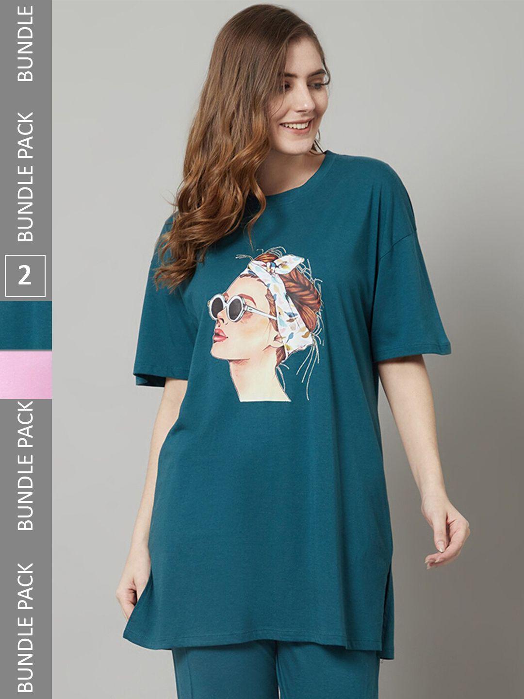 kanvin-teal-blue-&-pink-pack-of-graphic-printed-drop-shoulder-oversized-longline-t-shirt