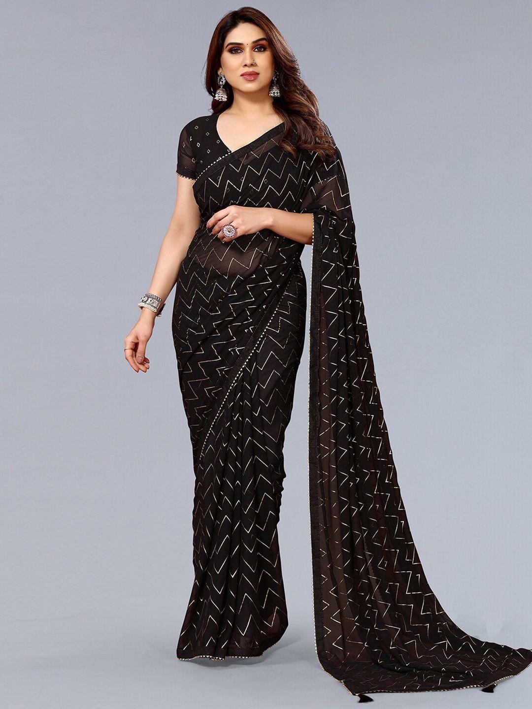 siril-black-&-gold-toned-embellished-gotta-patti-poly-georgette-block-print-saree