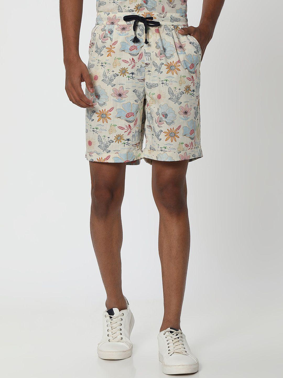 mufti-men-white-floral-printed-pure-cotton-shorts