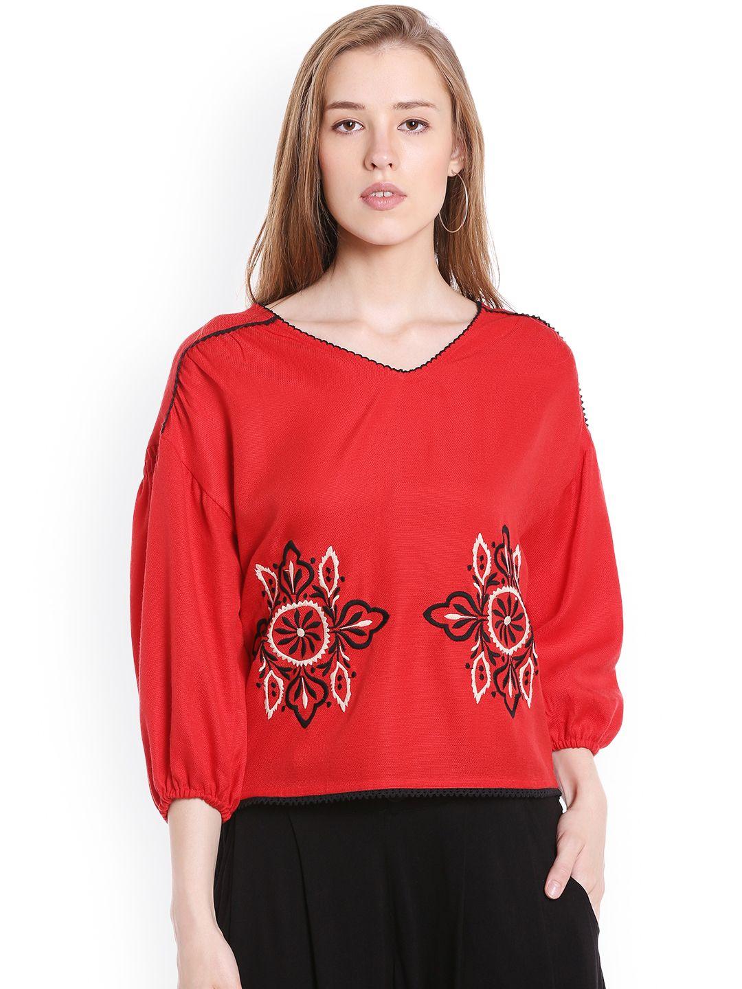 fusion-beats-women-red-embroidered-top