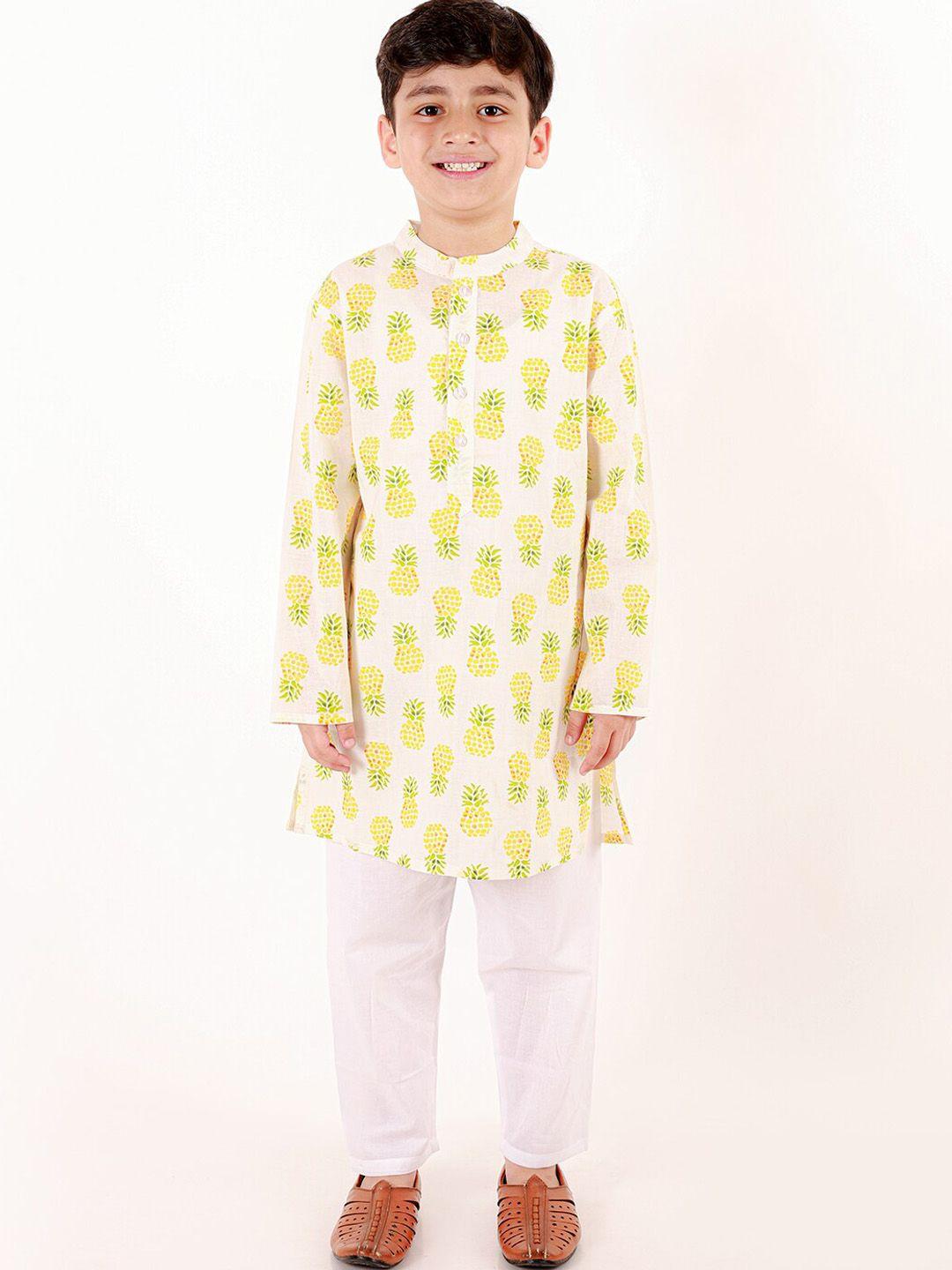 ka-mee-boys-yellow-floral-printed-regular-pure-cotton-kurta-with-pyjamas