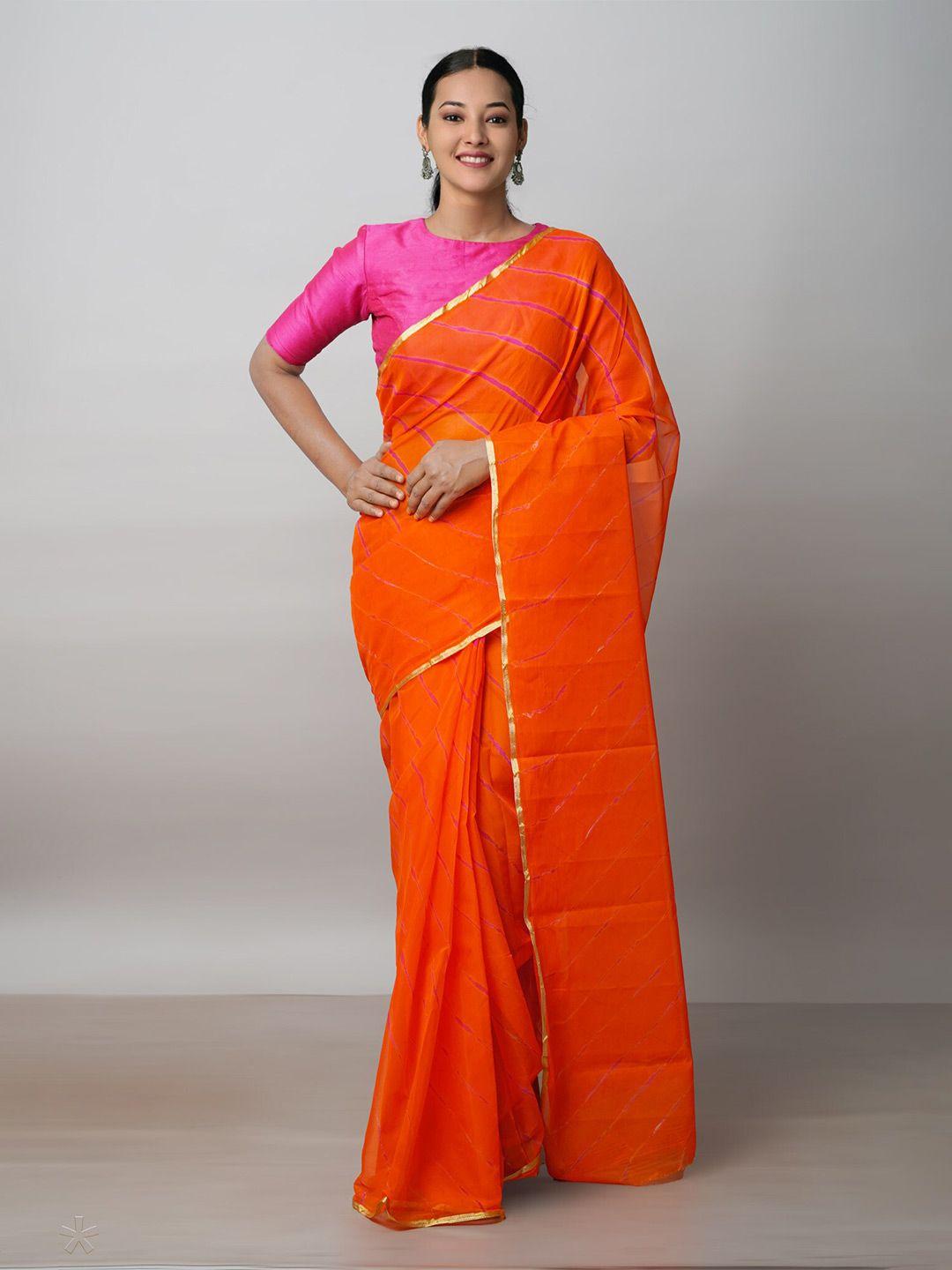 unnati-silks-orange-&-gold-toned-leheriya-zari-poly-chiffon-leheriya-saree