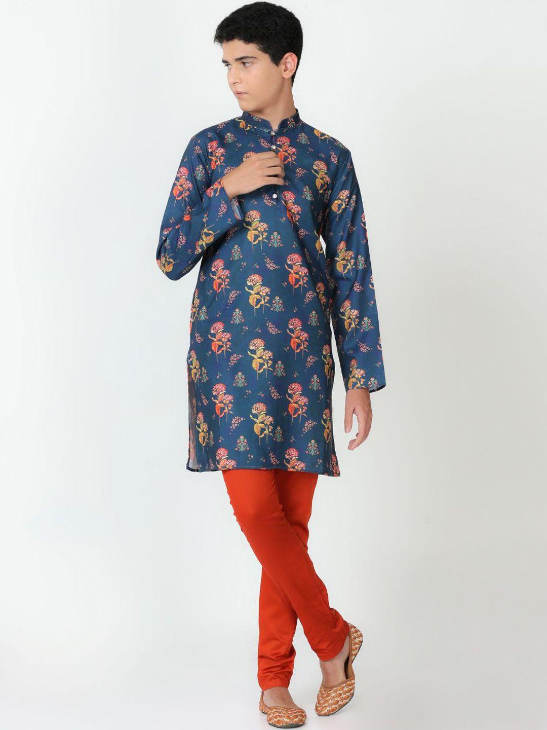 flavido-boys-blue-floral-printed-regular-linen-kurti-with-pyjamas