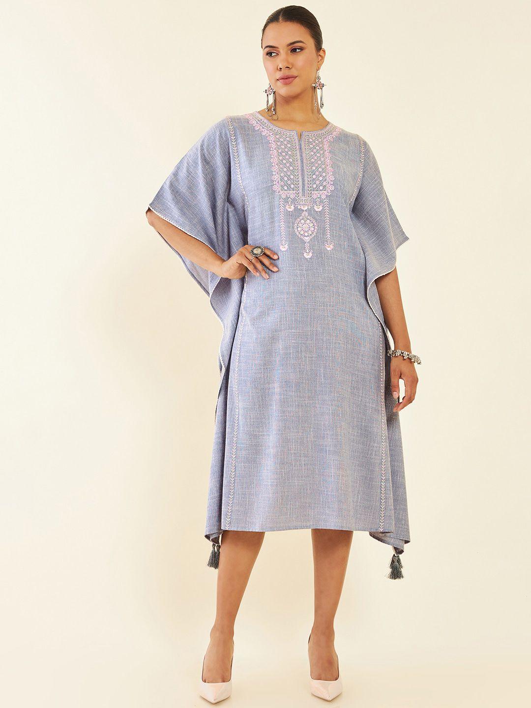 soch-grey-extended-sleeves-embroidered-midi-kaftan-dress