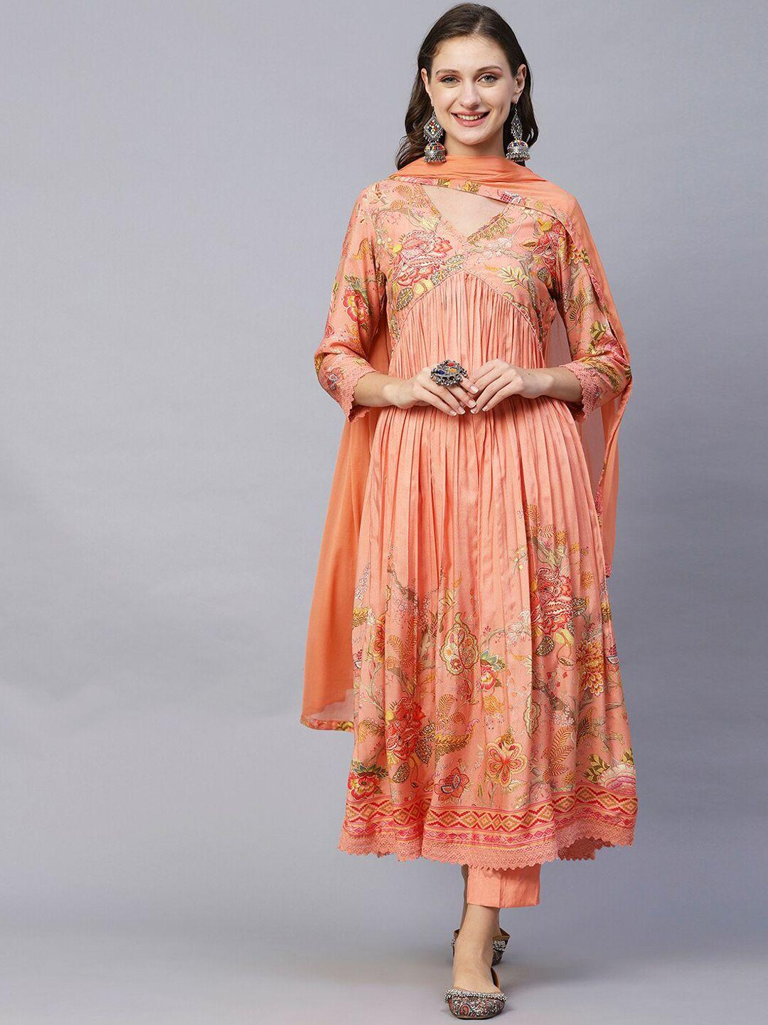 fashor-women-peach-coloured-floral-printed-kurta-with-trousers-&-dupatta