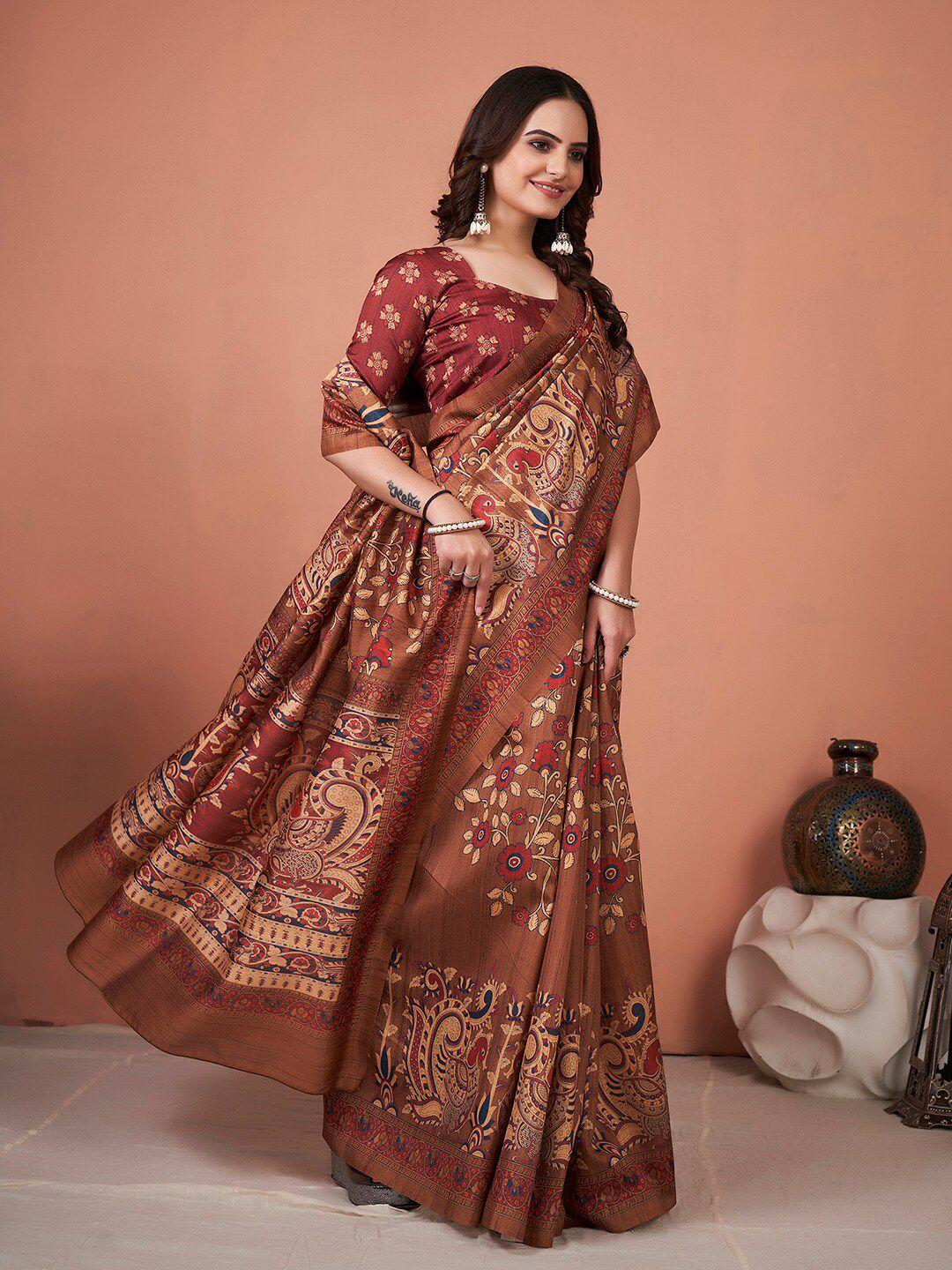 mitera-brown-&-maroon-kalamkari-print-pochampally-saree
