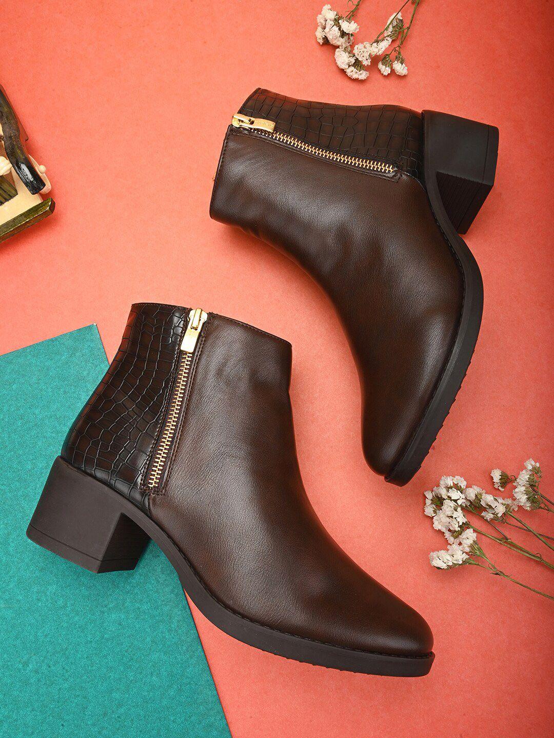 dressberry-women-brown-textured-heeled-mid-top-regular-boots