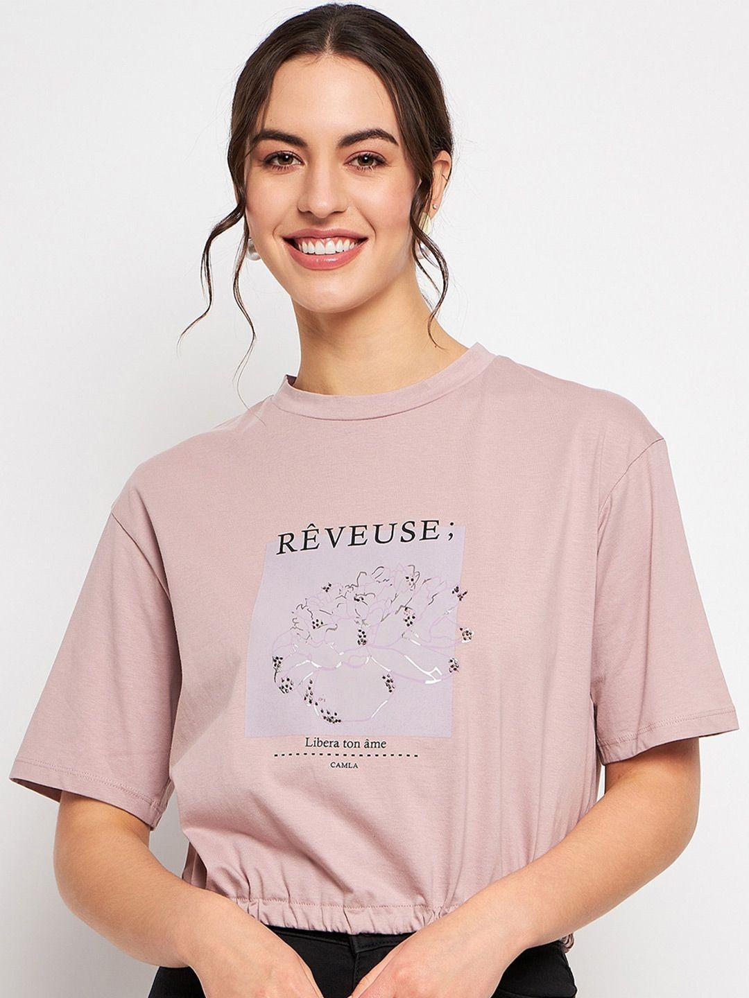 camla-women-mauve-typography-printed-pockets-t-shirt