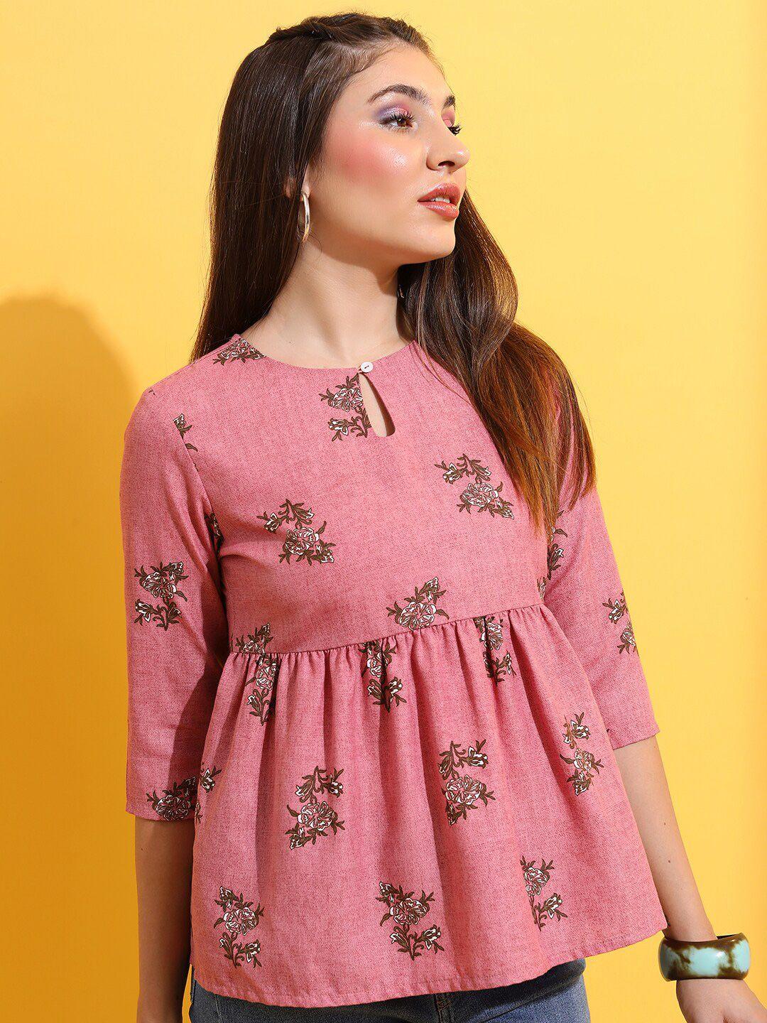 ketch-pink-floral-print-key-hole-neck-empire-top