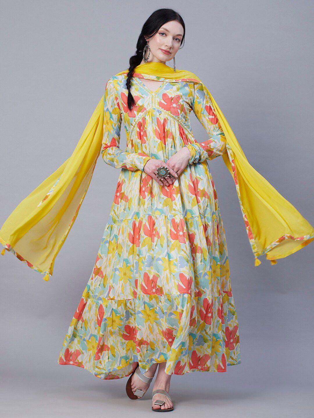 fashor-yellow-floral-printed-v-neck-maxi-dress-with-dupatta